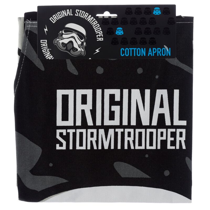 Avental de cozinha Star Wars com design de Stormtrooper, dobrado na embalagem original.