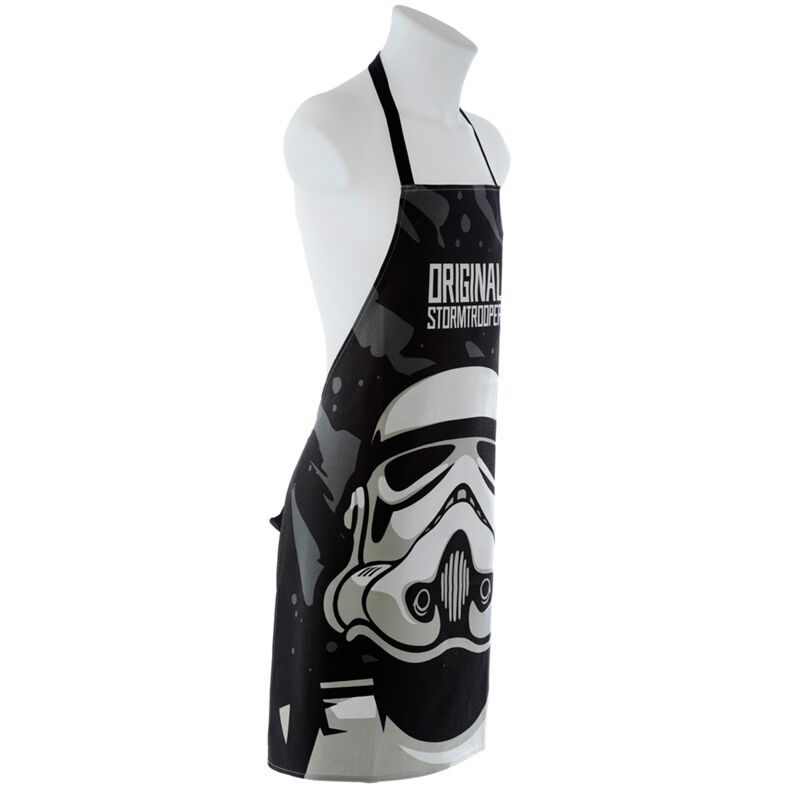 Avental de cozinha inspirado em Star Wars com a máscara Stormtrooper em destaque, em vista frontal detalhada.