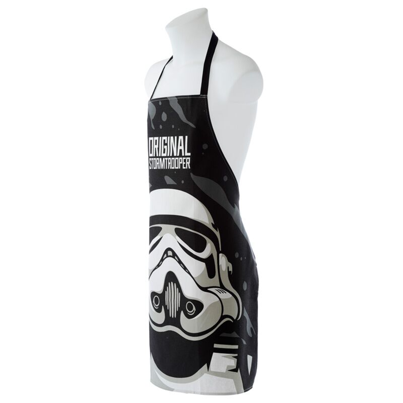 Avental de cozinha Star Wars com design de Stormtrooper, exibido num manequim em vista lateral.