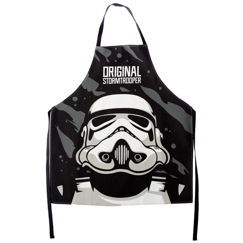 Avental Star Wars com design de Stormtrooper totalmente estendido, mostrando todo o padrão frontal.
