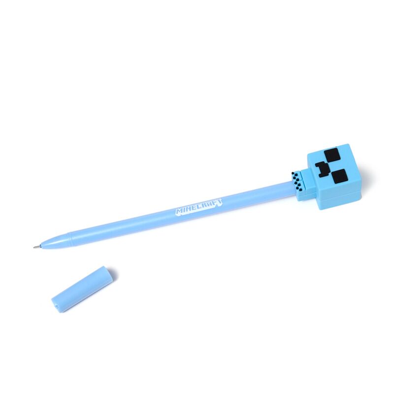 Caneta apagável Minecraft azul com design Creeper e ponta pronta para escrever.