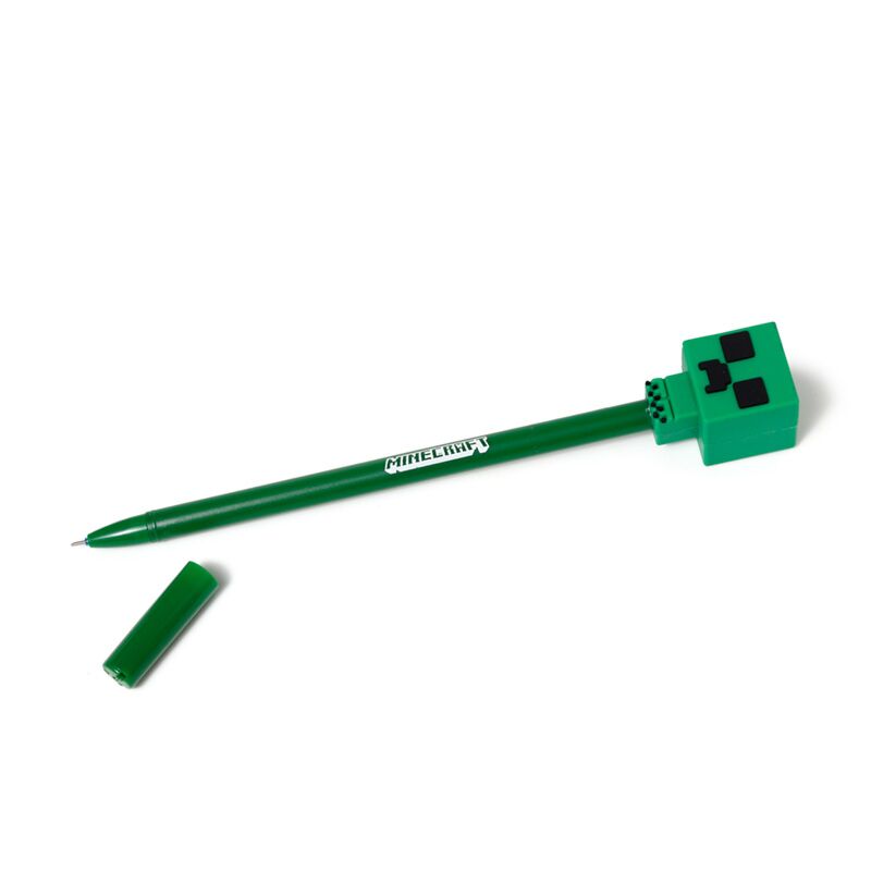 Caneta Minecraft verde com tampa removida e topo apagável de silicone.
