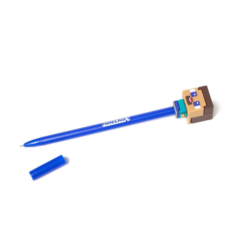 Caneta Minecraft azul com topo apagável de silicone e design de Steve.