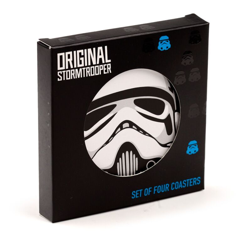 Embalagem do conjunto de 4 bases para copos Star Wars com design Stormtrooper.
