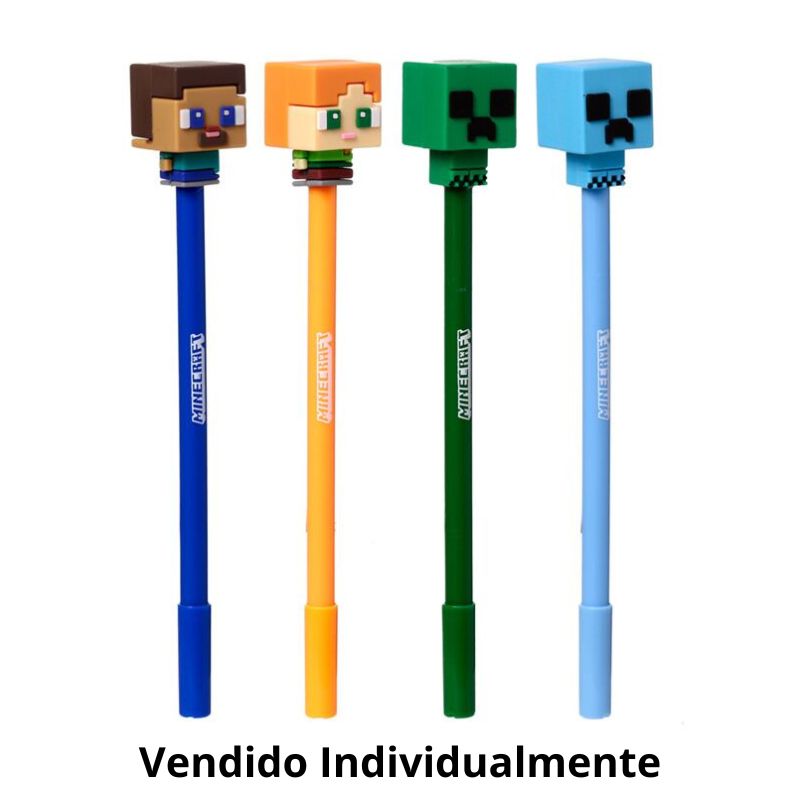Conjunto de canetas apagáveis Minecraft com personagens Steve, Alex e Creepers.