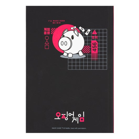 Capa traseira do caderno Squid Game com ilustração temática e cores vibrantes.