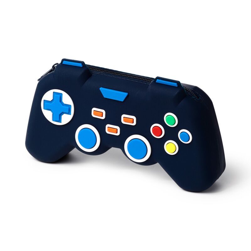 Estojo de silicone em forma de comando com zíper fechado e design colorido.