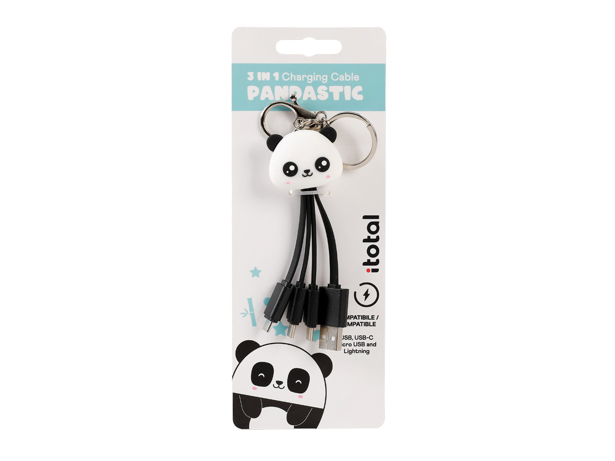Cabo 3 em 1 Panda – USB, Lightning e USB-C com Porta-Chaves