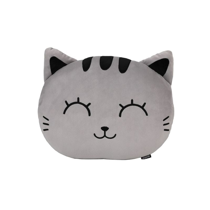 Almofada Decorativa iTotal Gato Cinza, com design fofo de gato sorridente