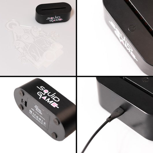 Base da Lâmpada LED Squid Game em ABS preto com logótipo oficial e entrada USB-C.