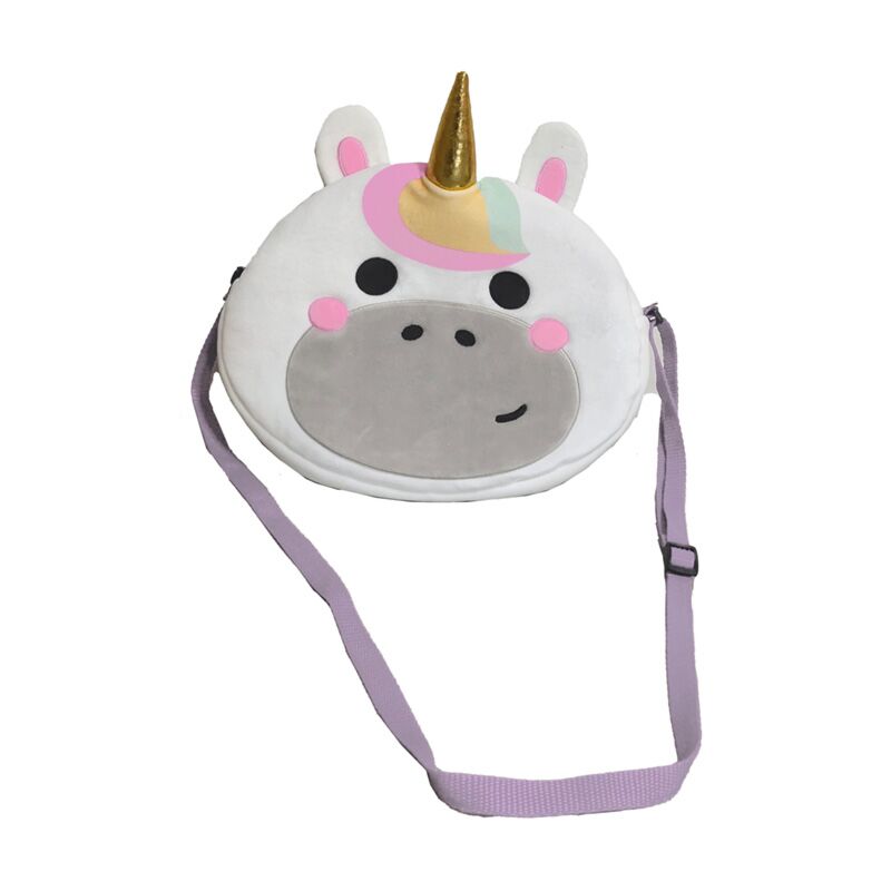 Bolsa de tiracolo em pelúcia Unicórnio Astra com alça lilás ajustável e rosto encantador com chifre dourado.