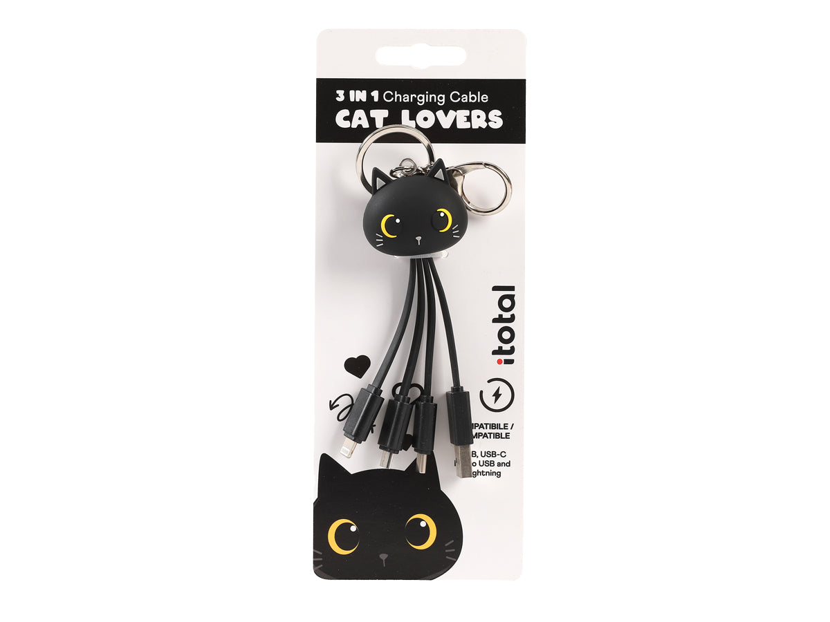 Cabo de carregamento 3 em 1 Cat Lovers com conectores Micro USB, Lightning e USB-C, acompanhado de um porta-chaves metálico em forma de gato preto.