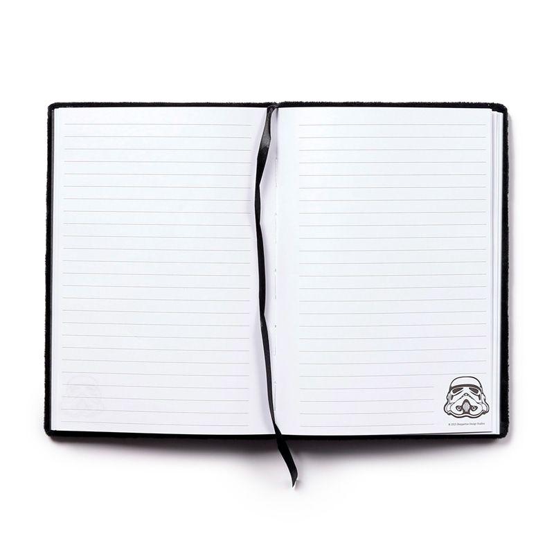 Interior do caderno A5 em Pelúcia mostrando as folhas pautadas - Stormtrooper Original - Prendas D'Coração