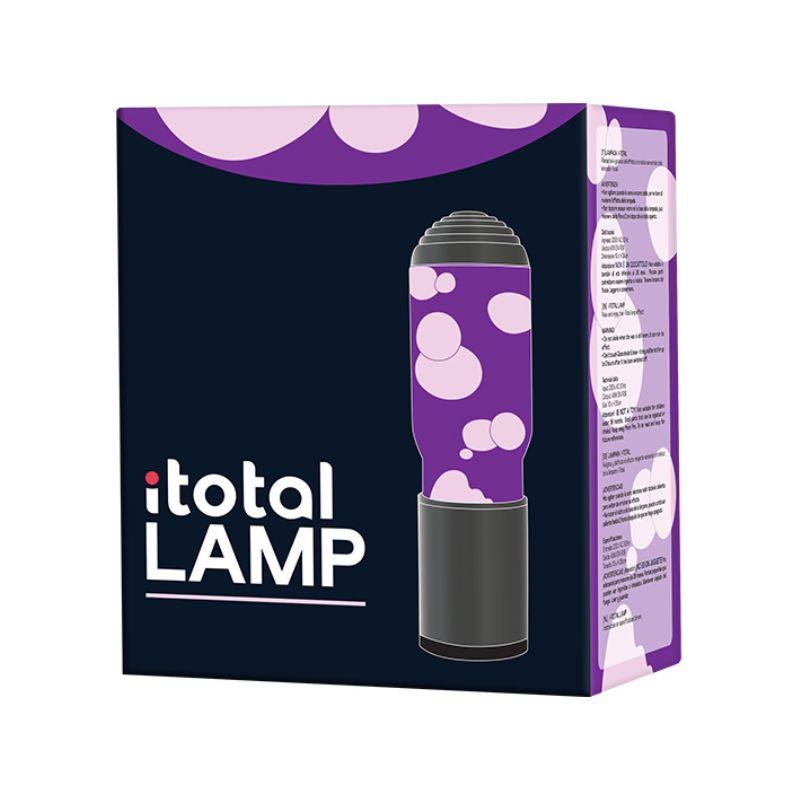 Lâmpada de lava iTotal XL2193 com embalagem púrpura, logotipo iTotal LAMP e detalhes do candeeiro com difusor aromático