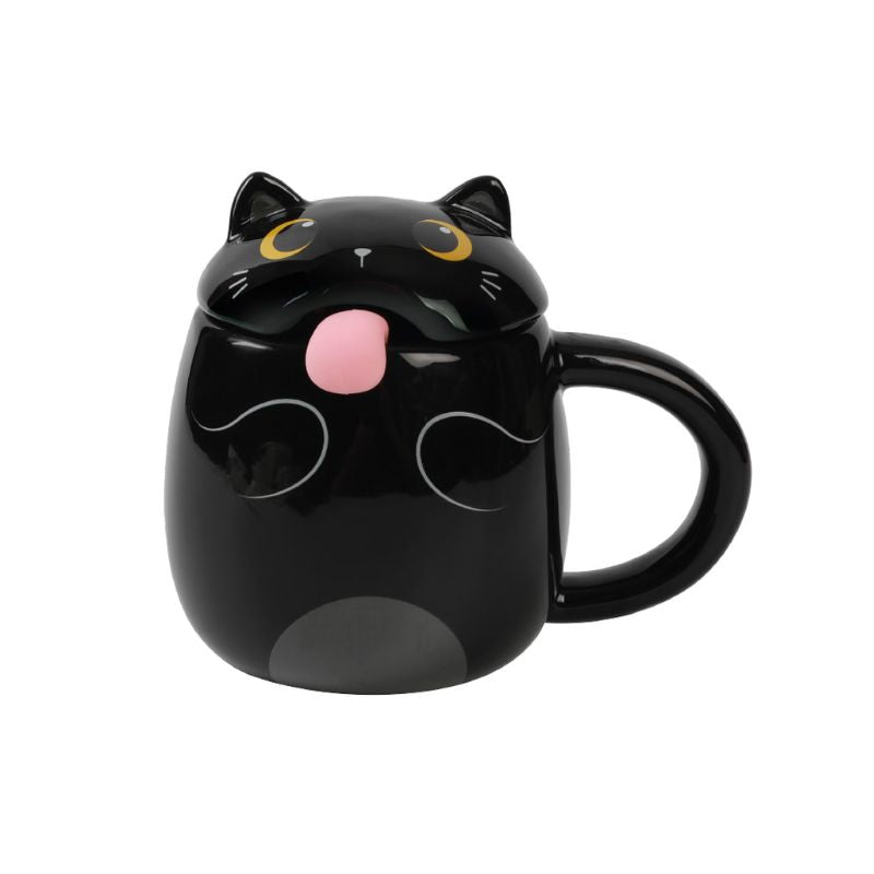 Caneca Decorativa com Tampa e Colher Gato Preto iTotal, com design fofo de gato preto