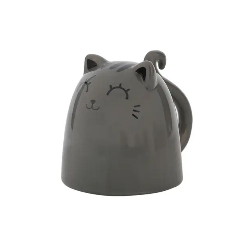 Vista lateral da caneca de cerâmica em formato de gato cinza, com expressão adorável e sorridente.