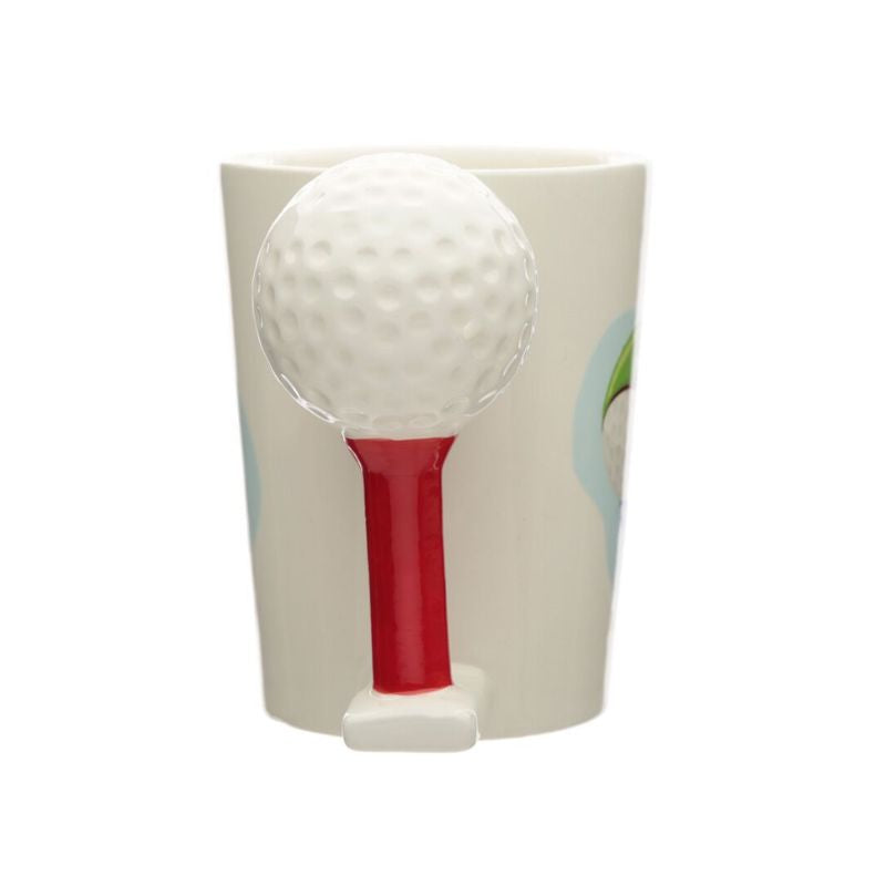 Vista traseira da caneca de golfe com pega em forma de bola e tee vermelho.