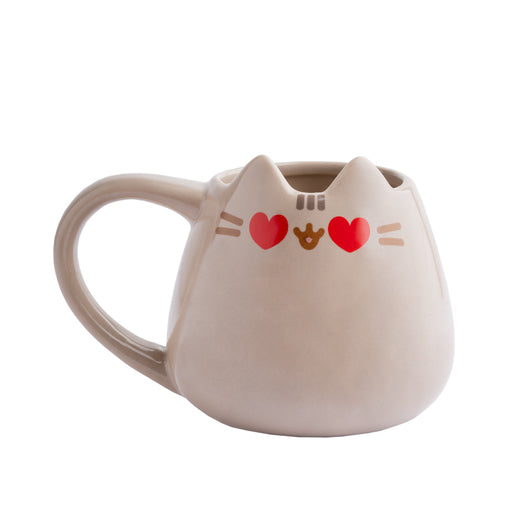 Vista frontal detalhada da Caneca Pusheen 3D com design de gatinho fofo.