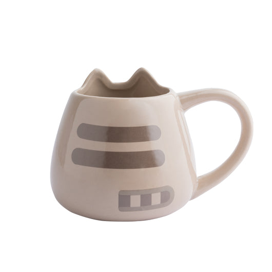 Vista lateral e traseira da Caneca Pusheen 3D com acabamentos em cerâmica.
