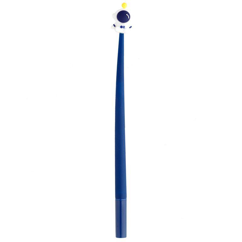 Vista lateral de uma caneta azul com um adorável topo decorativo em forma de astronauta branco.