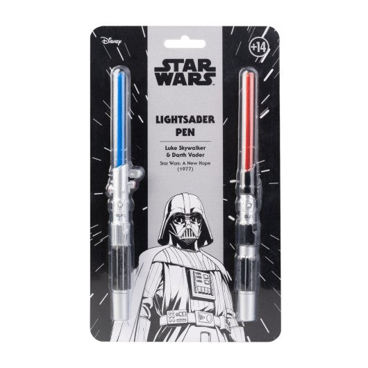 Vista geral do conjunto de duas canetas sabres de luz Star Wars na embalagem