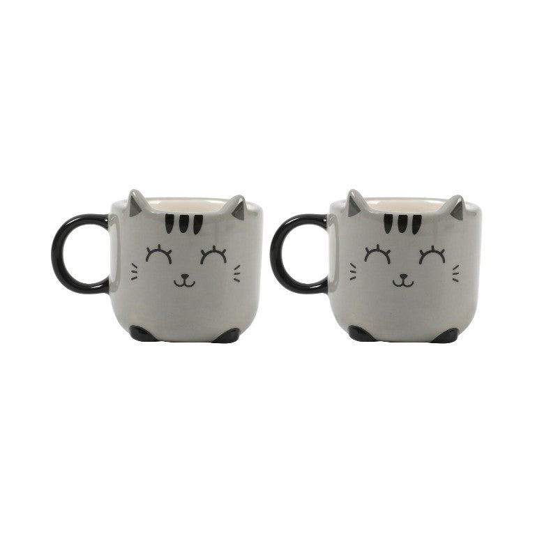 Conjunto de chávenas de café originais em cerâmica com design de gato cinza, orelhas 3D e expressão fofa, ideal para amantes de gatos e café.