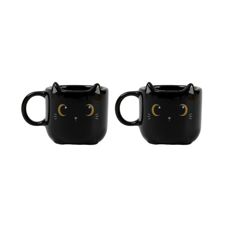 Conjunto de chávenas de café originais em forma de gato preto, com detalhes tridimensionais e olhos expressivos, ideal para amantes de café e gatos.