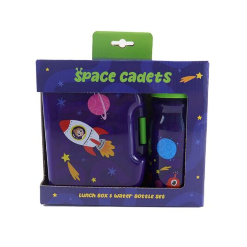 Conjunto de lancheira e garrafa com tema espacial apresentado na embalagem original