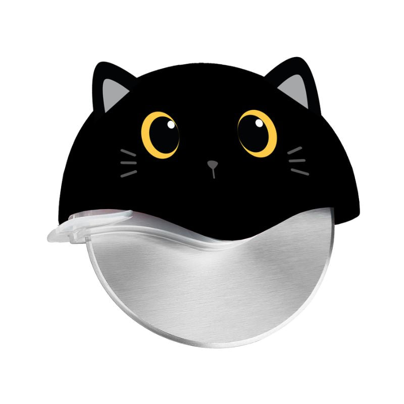 Cortador de pizza com formato de cabeça de gato preto e olhos amarelos