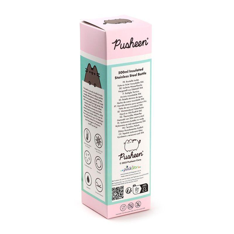 Embalagem da garrafa térmica Pusheen mostrando informações do produto em vários idiomas e ícones de características, em um fundo rosa e azul.