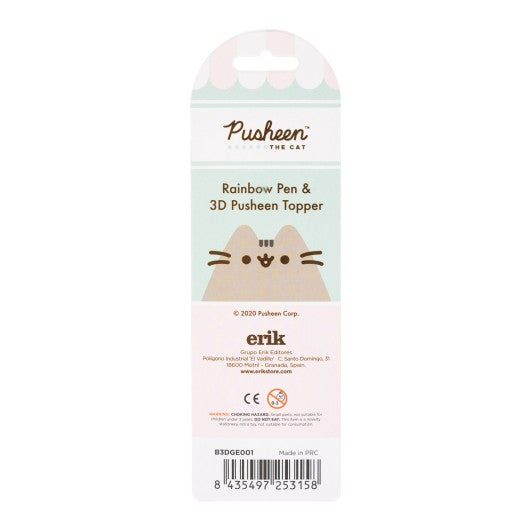 Verso da embalagem da caneta Pusheen multicor com topo 3D adorável.