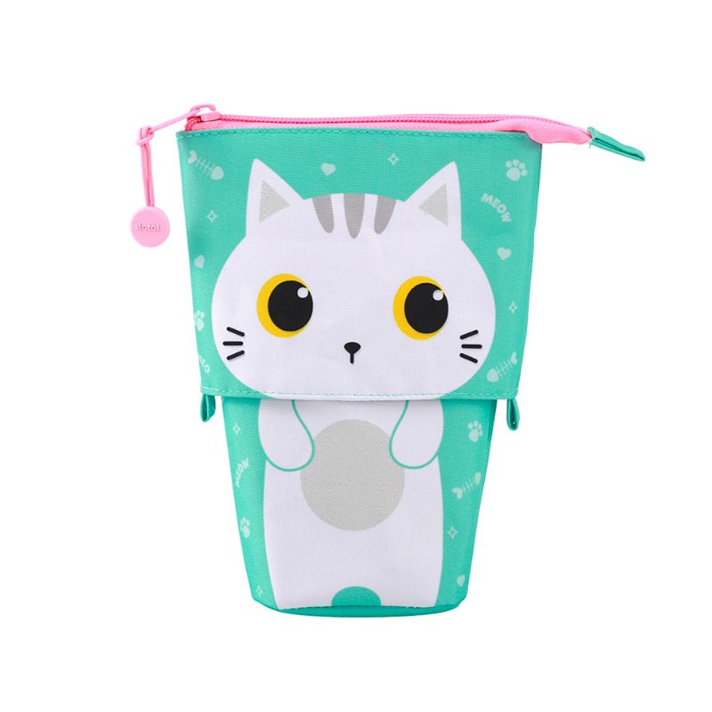 Estojo pop-up gato branco em posição estendida, de frente