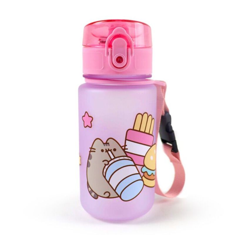Garrafa de criança 350ml com design Pusheen e snacks, resistente a quebras e com fecho seguro, ideal para uso diário.