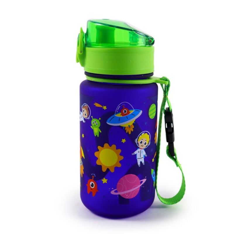 Garrafa de criança reutilizável 350ml com tema do espaço, resistente a quebras e com tampa pop-up, ideal para escola ou passeios.