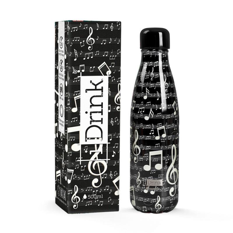 Garrafa térmica iDrink de 500ml com padrão de notas musicais, aço inoxidável 304, isolamento triplo. Mantém bebidas frias 36h e quentes 24h.