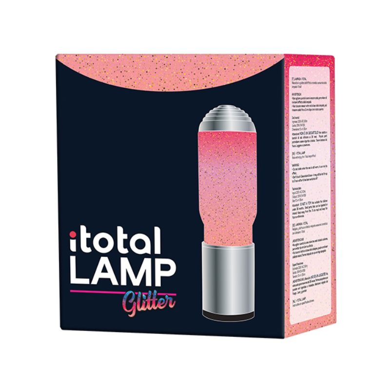 Lâmpada de Lava iTotal Glitter com embalagem, destacando o design cinza escuro e glitter rosa