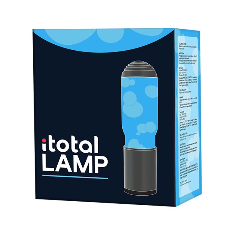 Lâmpada de lava iTotal XL2191 com embalagem azul, logotipo iTotal LAMP e detalhes do candeeiro com difusor aromático