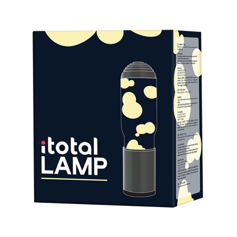 Lâmpada de lava iTotal XL2195 com embalagem branca, logotipo iTotal LAMP e detalhes do candeeiro com difusor aromático