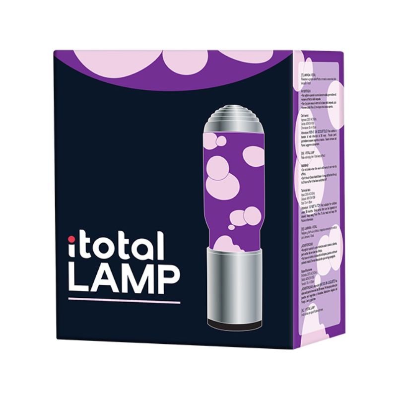 Lâmpada de lava iTotal XL2198 com embalagem púrpura, logotipo iTotal LAMP e detalhes do candeeiro com difusor aromático