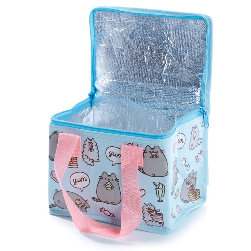 Lancheira térmica Pusheen aberta com interior refletor prateado