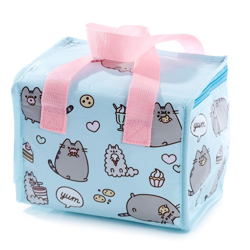 Lancheira térmica Pusheen com fecho azul e alças cor-de-rosa vista de frente