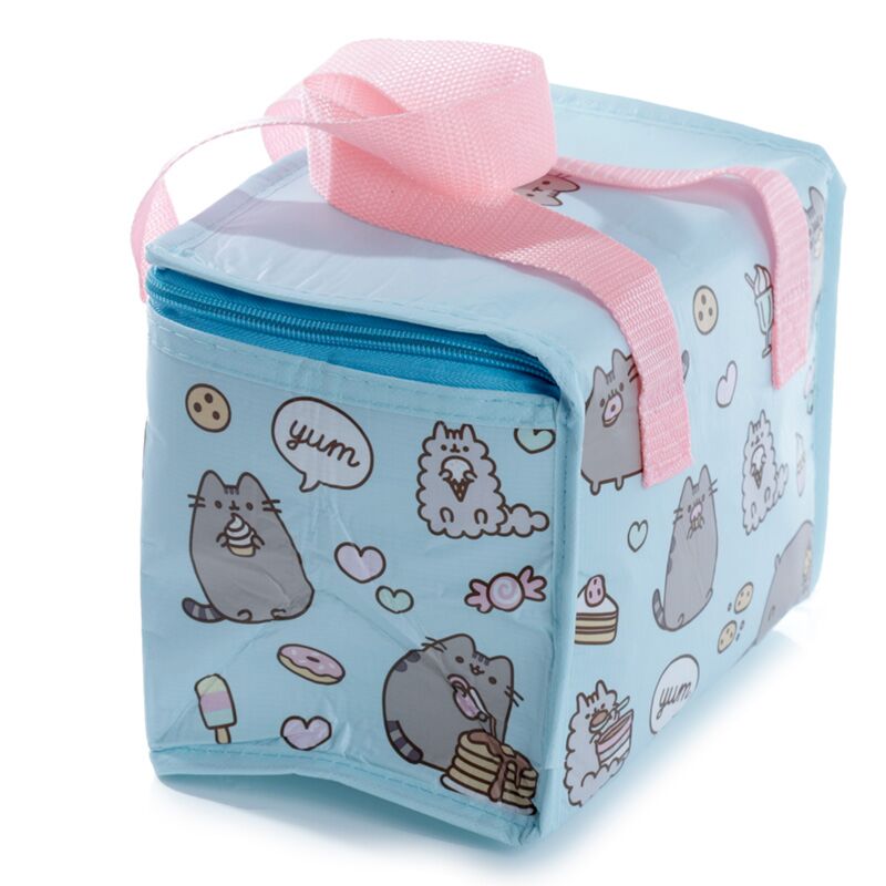 Lancheira térmica Pusheen vista lateral com padrão de doces e gatos