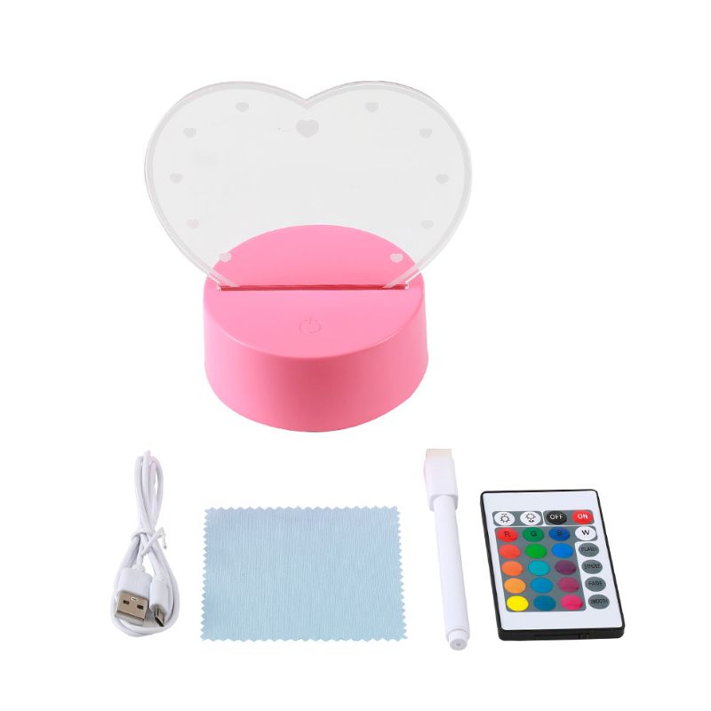 Luz LED em forma de coração com base rosa e acessórios incluídos (caneta, pano, cabo USB e comando)