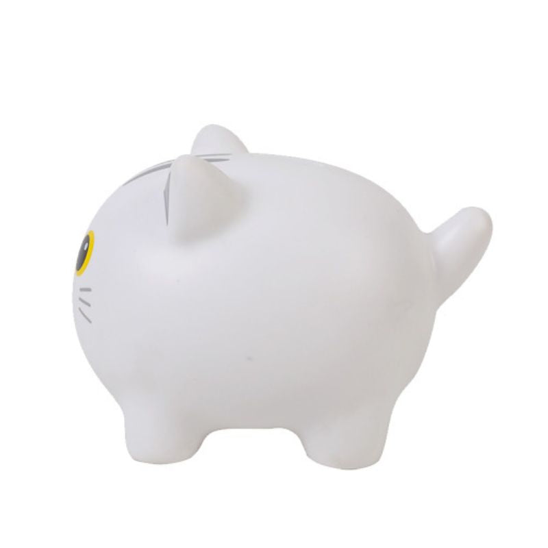 Mealheiro em forma de gato branco visto de lado, com um design adorável e minimalista.