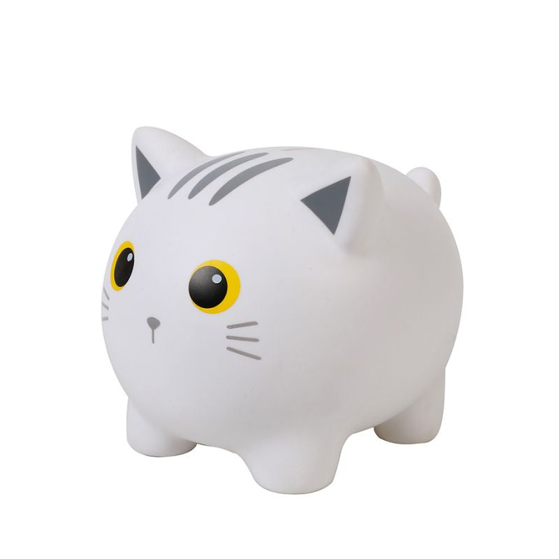 Mealheiro em forma de gato branco com olhos amarelos, ideal para guardar moedas com um toque fofo e decorativo.