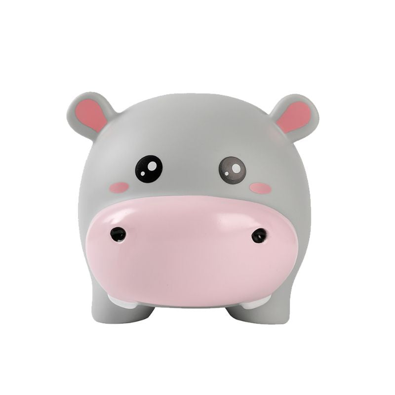 Mealheiro hipopótamo cinzento com focinho rosa e olhos brilhantes, ideal para poupança divertida.