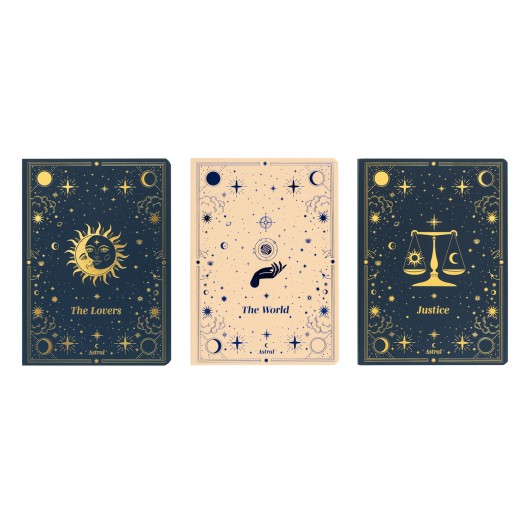 Pack de 3 cadernos A6 astral com capas ilustradas: The Lovers, The World e Justice.