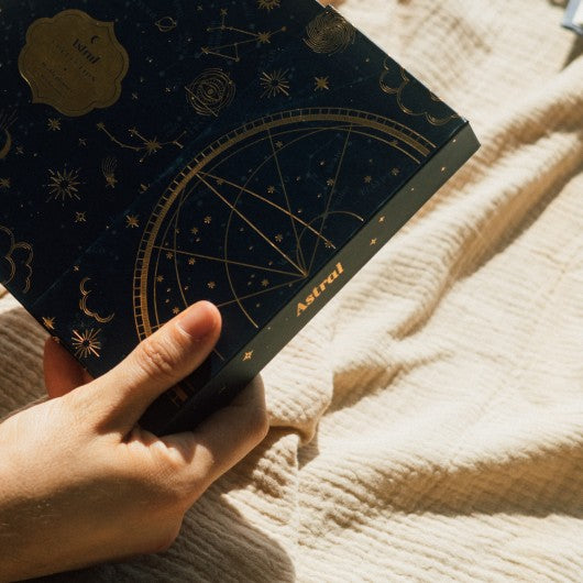 Detalhe da capa do planificador semanal astral com motivos dourados e constelações.