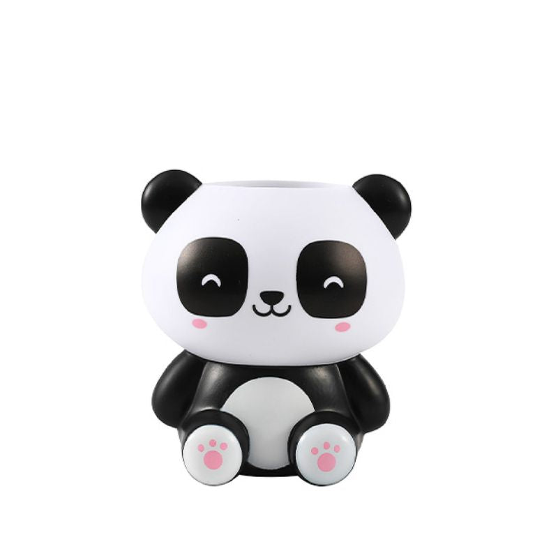 Porta-canetas 3D em forma de panda sorridente com patinhas cor-de-rosa.