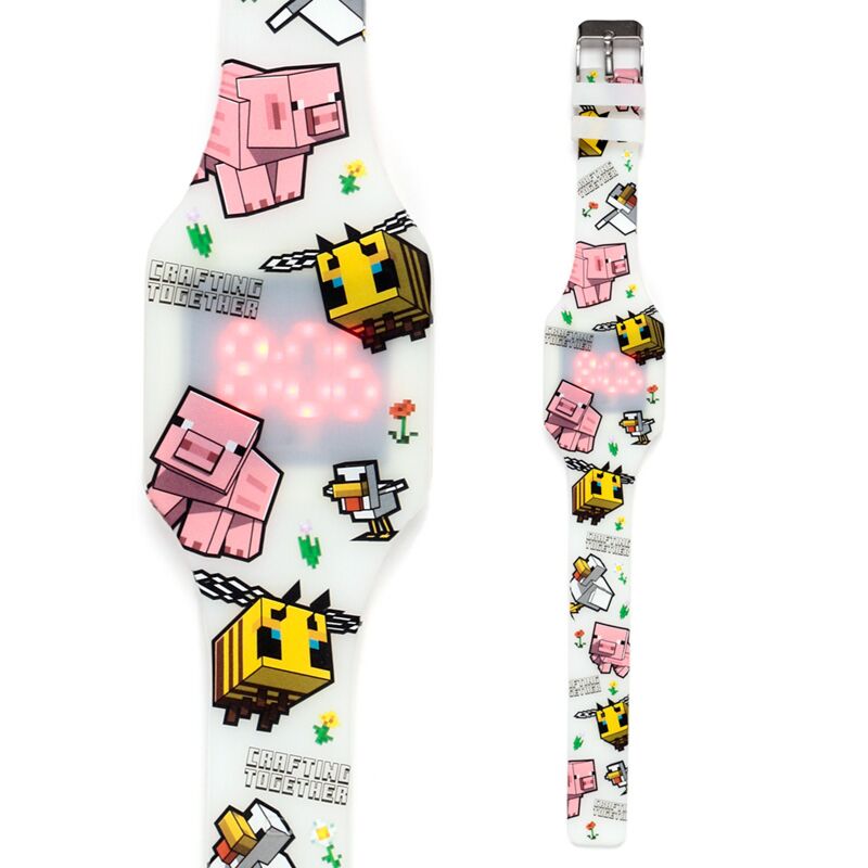 Detalhe do relógio digital Minecraft com abelhas, porcos e galinhas.